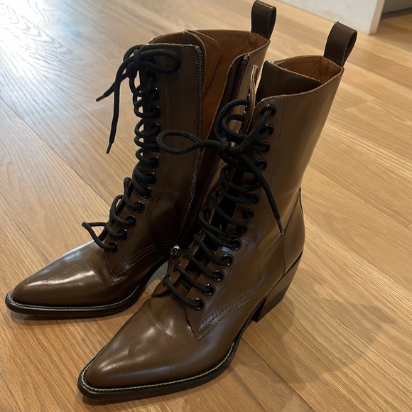 CHLOE Runway Rylee army green leather block heel pointed toe boot EU37.5 - Picture 3 of 6